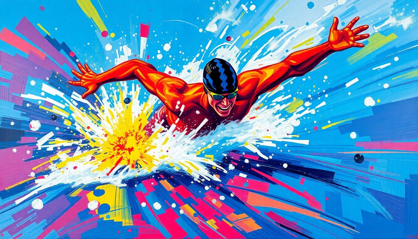 A dynamic, abstract painting in vibrant neon colors, capturing the intense motion and energy of an ice swimmer cutting through icy waters.