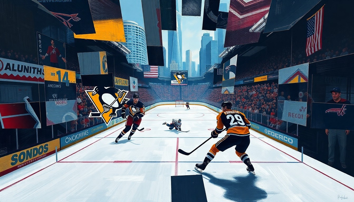 A cubist, geometric painting depicting a fragmented hockey game scene, with sharp overlapping planes of color representing the action on the ice.