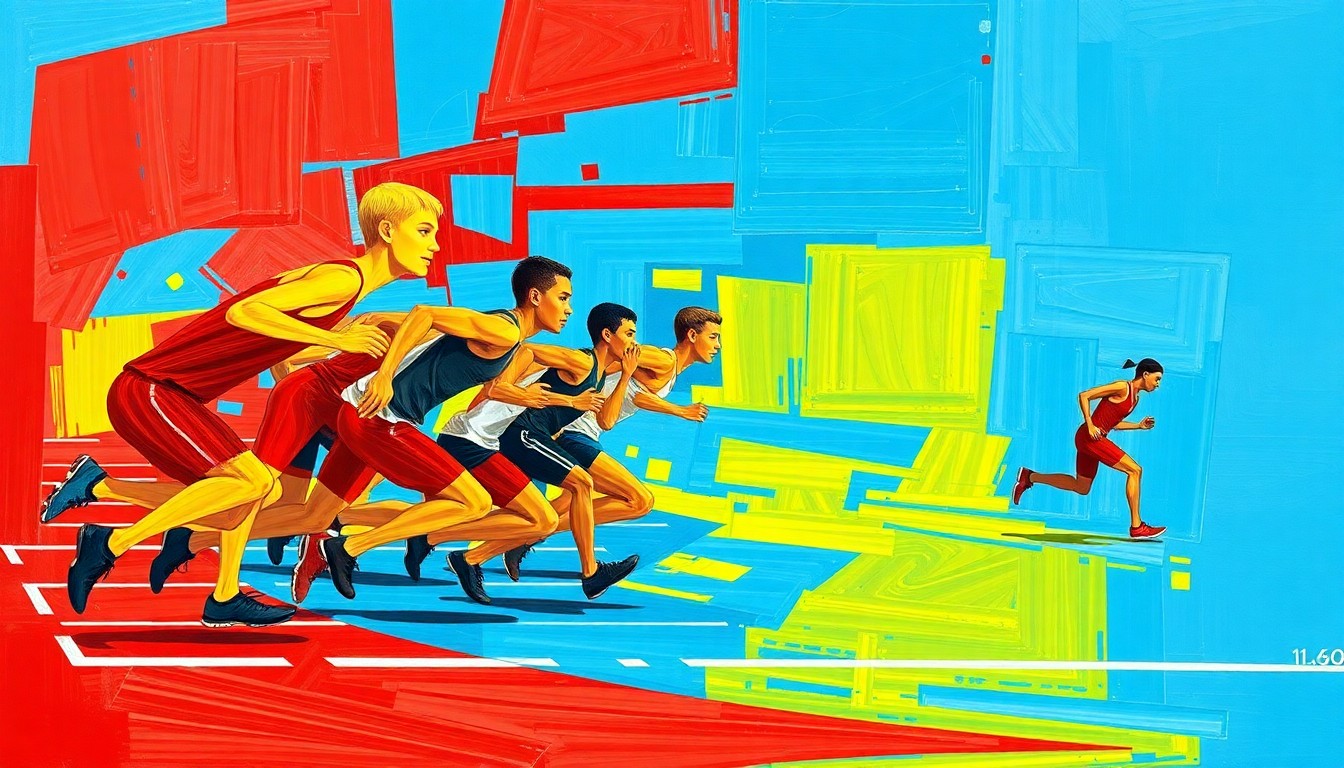 A fragmented, cubist-style painting depicting the motion and energy of a high school track relay race, with overlapping geometric shapes in bright primary colors.