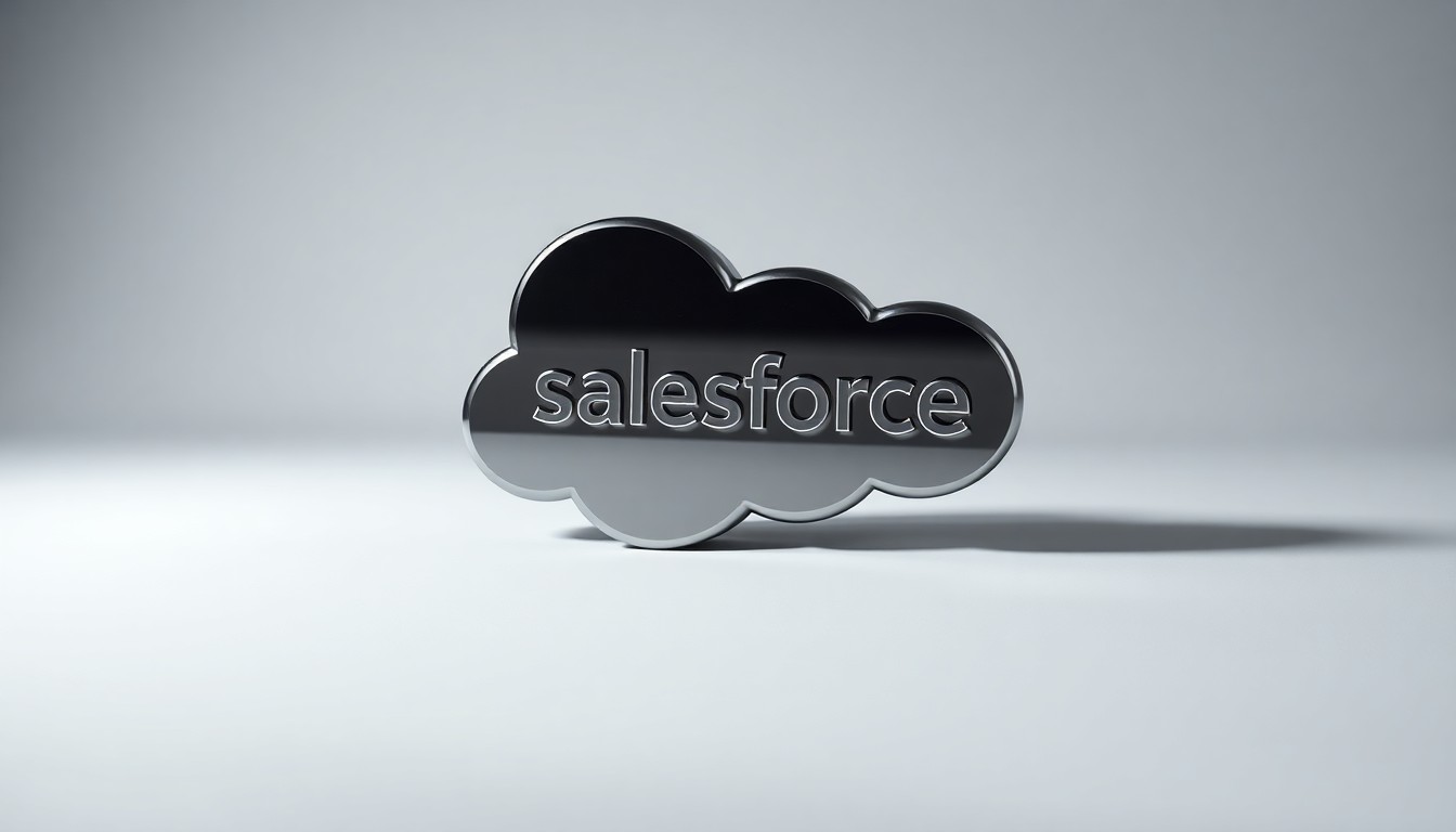 A high-end, photorealistic studio still-life photograph featuring a polished, geometric metal sculpture in the shape of the Salesforce logo, resting on a clean, monochromatic background and dramatically lit to represent the abstract concepts of enterprise software and customer relationship management.