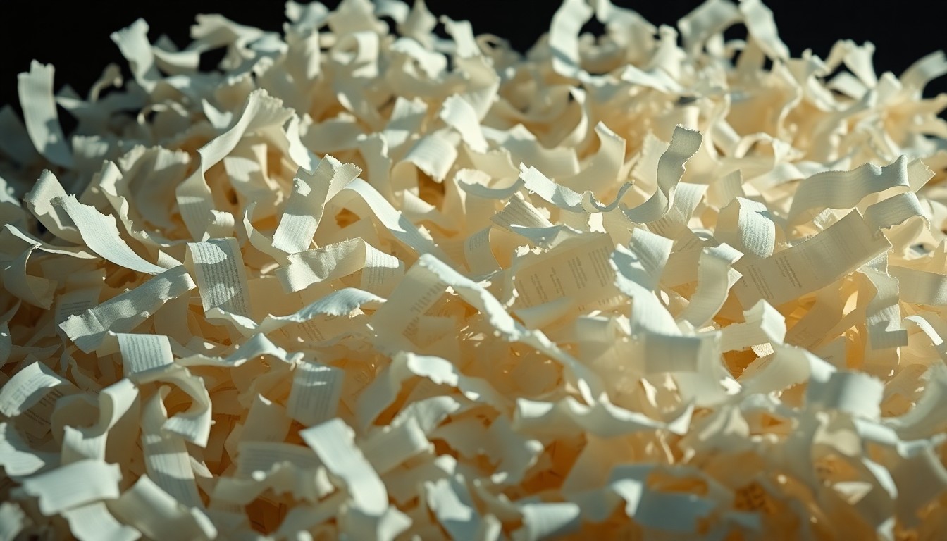 An extreme close-up photograph of shredded book pages in dramatic, high-contrast studio lighting, capturing the luxurious, high-fashion aesthetic of literary glamour.