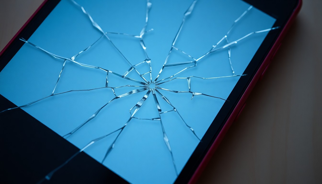 An extreme close-up photograph of a cracked smartphone screen, conceptually illustrating the violation of privacy and exploitation of a minor through digital technology.