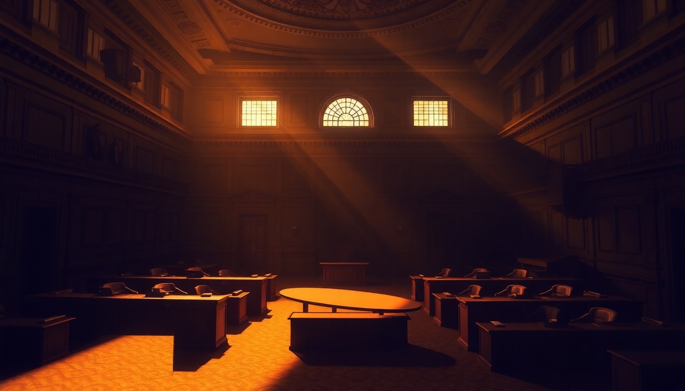 A dimly lit, cinematic painting of an empty government office or legislative chamber, with warm sunlight streaming in through the windows and deep shadows casting an air of tension and uncertainty.