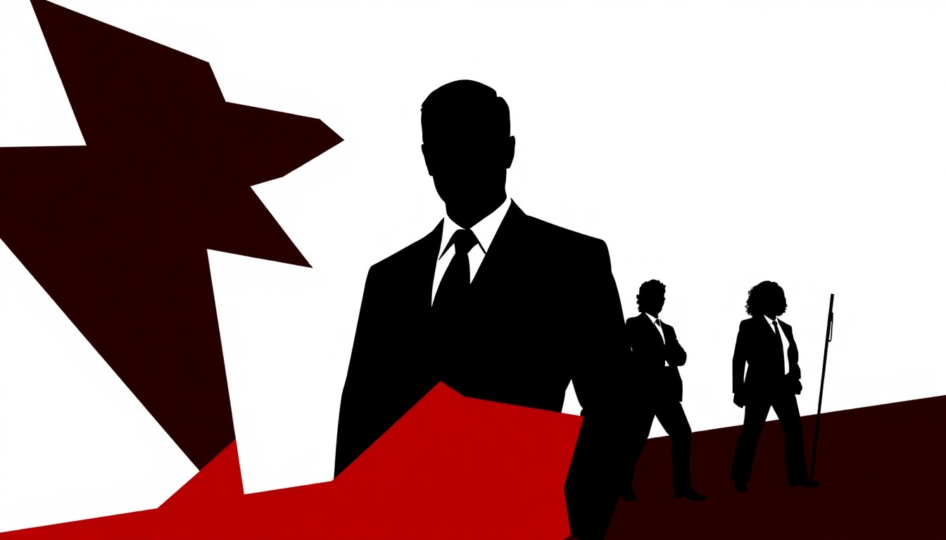 An abstract, minimalist illustration featuring stark black silhouettes and geometric shapes in high-contrast colors, conceptually representing the transition and power shift within the NCIS team.