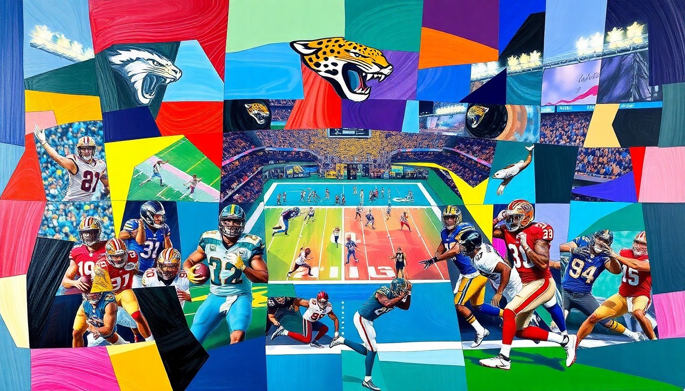 A fragmented, geometric painting in shades of teal, gold, and black, depicting the overlapping movements and perspectives of a football game or draft scene, conveying the complex decision-making process the Jaguars face in targeting the right first-round prospect.