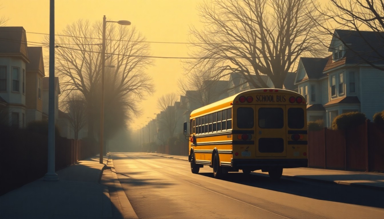 A serene, photorealistic painting of a yellow school bus parked on a quiet residential street, with the bus's reflection visible in a puddle on the ground. The scene is bathed in warm, golden light, creating a sense of nostalgia and tranquility.