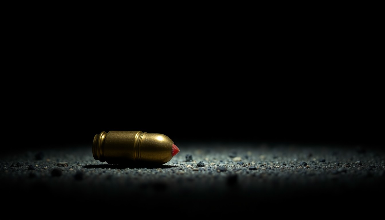 An extreme close-up photograph of a spent bullet casing on the ground, reflecting a bright light and creating a stark, gritty visual that conceptually represents the investigation into a recent shooting incident.