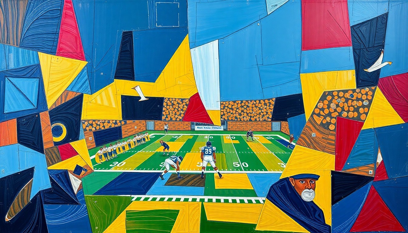 A cubist-style painting depicting a high school football game broken down into overlapping geometric shapes and planes in navy, gold, and crimson colors, capturing the energy and movement of the sport.