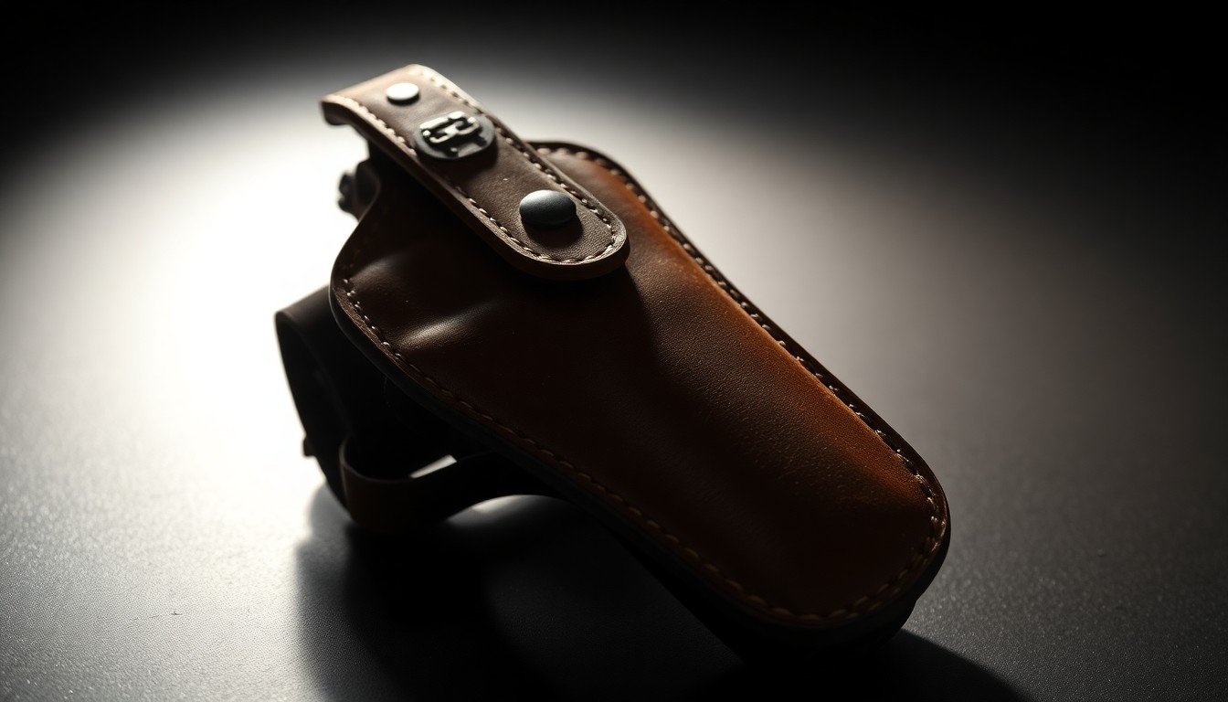 An extreme close-up photograph of a worn, weathered leather holster, its surface textured and aged, capturing the gritty glamour of the American West.