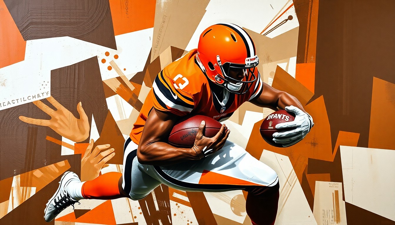 A fragmented, geometric painting depicting a Browns linebacker making a tackle, with sharp planes of brown, orange, and white capturing the intensity and movement of the play.
