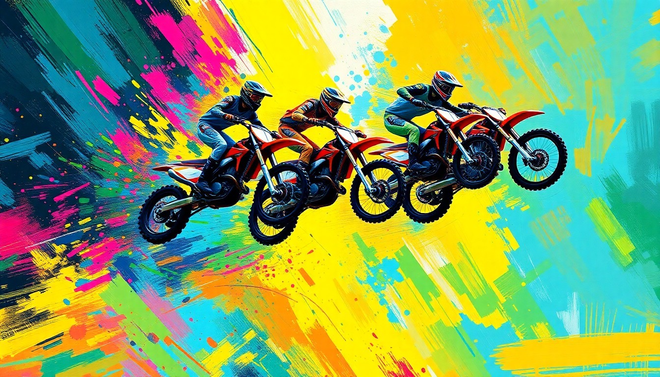 An abstract, expressionist painting in vibrant neon colors, depicting the powerful motion and energy of Supercross riders mid-jump, with no recognizable details or text.