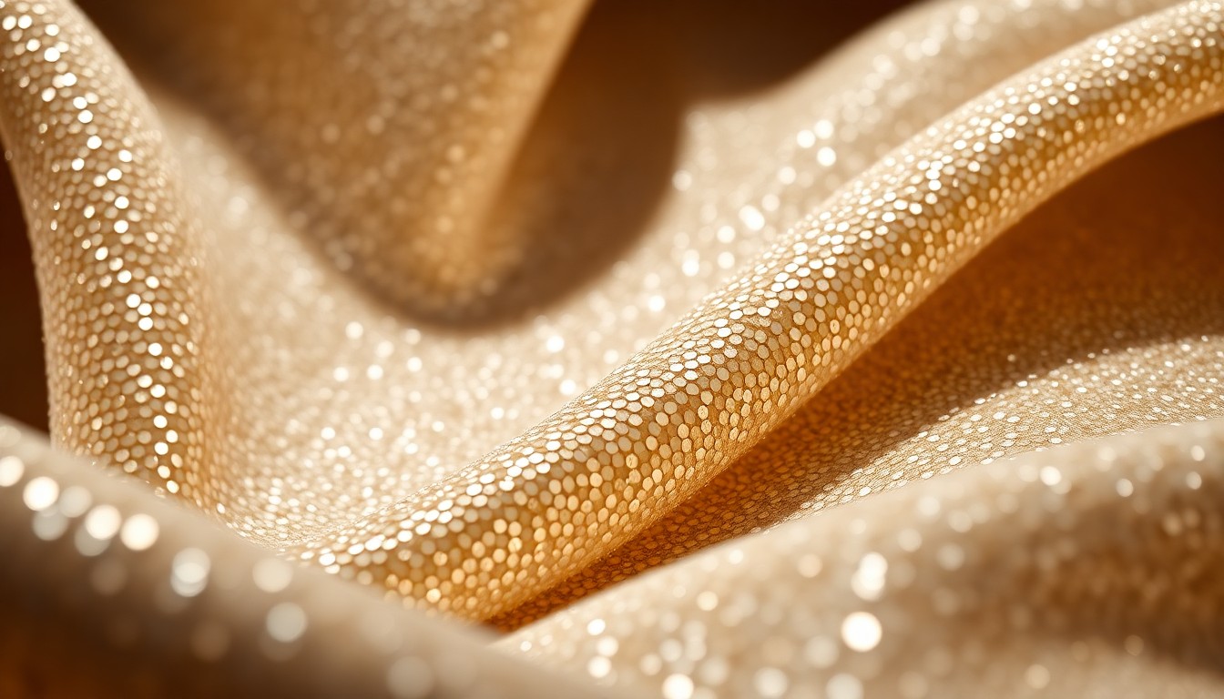 An extreme close-up of luxurious, glittering fabric textures in dramatic, high-contrast lighting, conceptually representing the glamour and personal challenges of the medical profession.
