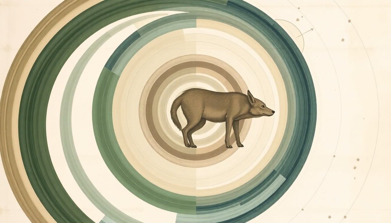 A highly structured abstract painting in soft, earthy tones of green, brown, and gray, featuring sweeping geometric arcs, concentric circles, and precise botanical spirals, conceptually representing the complex journey of a gray wolf from Oregon to Los Angeles.
