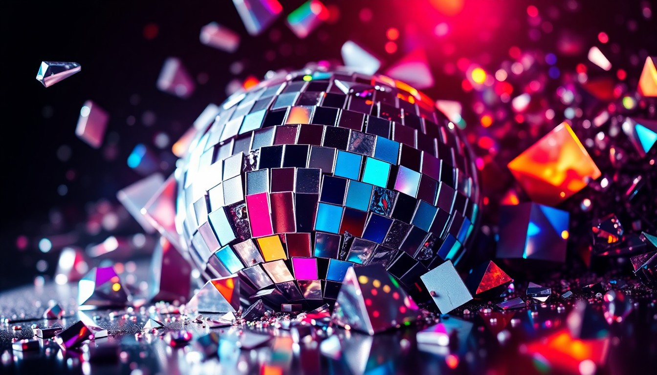 An extreme close-up photograph of shattered glass fragments from a disco ball, reflecting colorful, high-contrast lighting to create a conceptual, abstract representation of the fusion of industrial and electronic music styles.