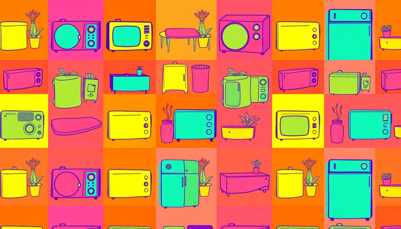 A brightly colored, high-contrast silkscreen print of a small kitchen appliance or piece of furniture from a tiny home, repeated in a tight grid pattern with vibrant neon colors and heavy black outlines, capturing the pop art spirit of the DIY tiny home project.