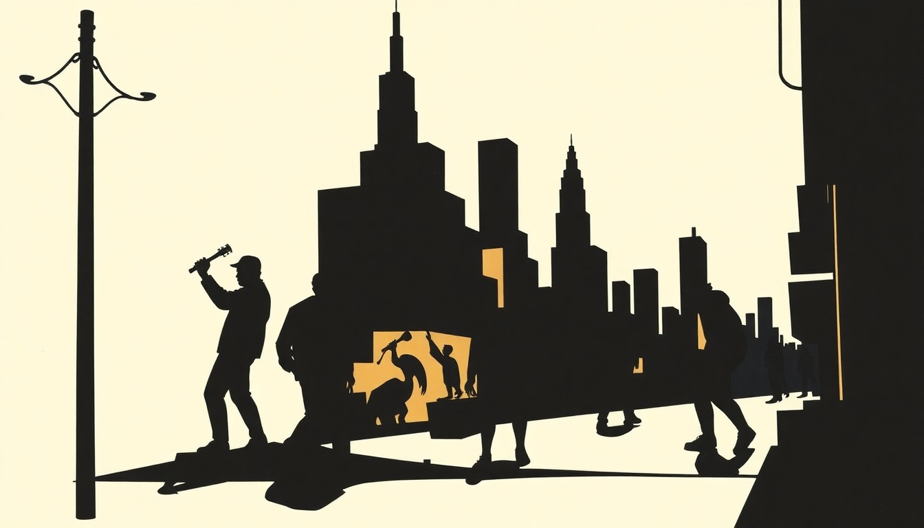 An abstract composition of stark, jagged geometric shapes in black and white, conceptually representing the intersection of street art, music, and youth culture in 1970s-80s New York.