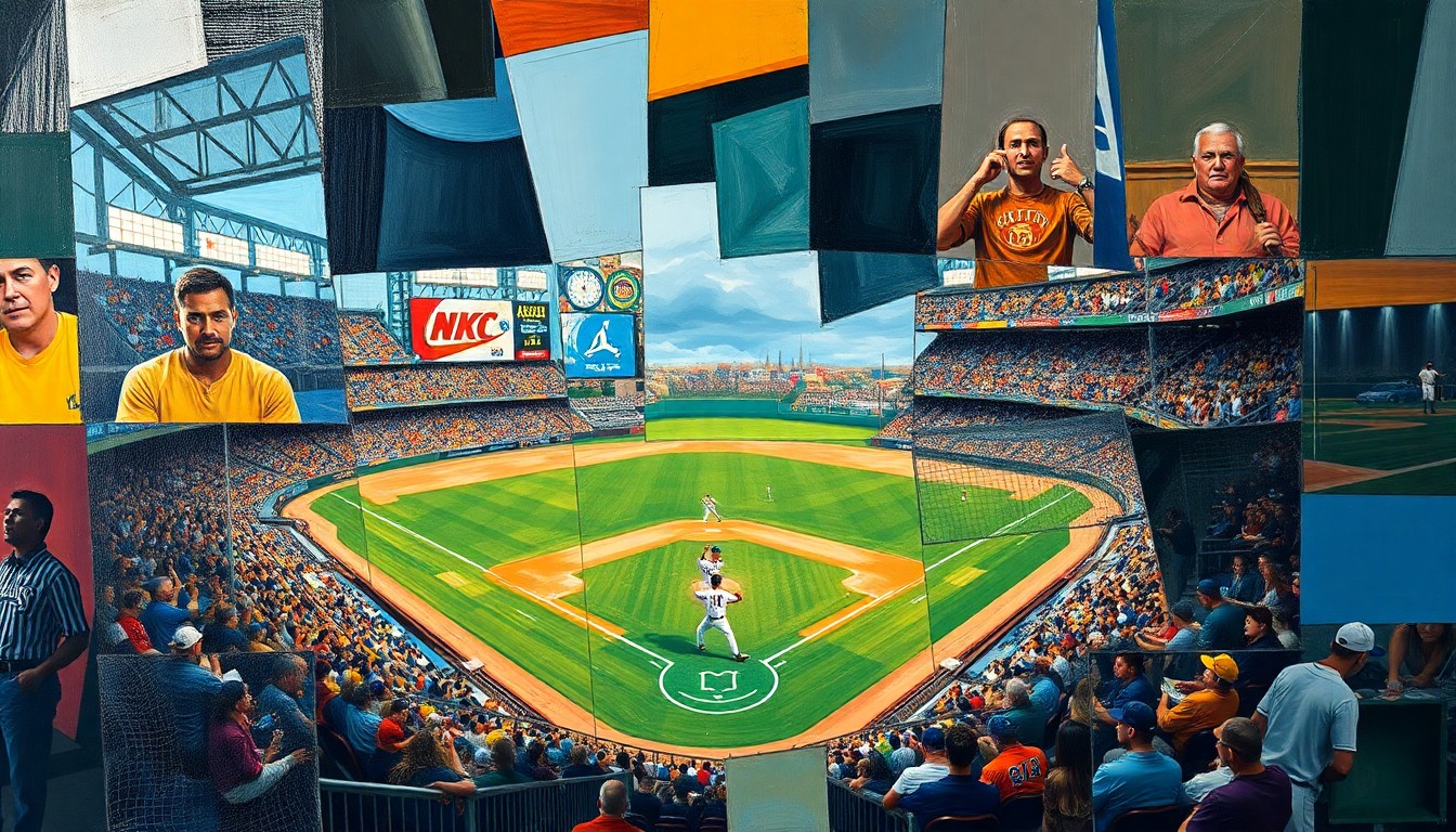 A cubist, geometric painting depicting a baseball game or match, with sharp, overlapping planes of color and shape representing the complex dynamics of the Twins' leadership transition.