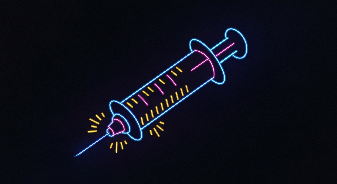 A glowing, neon outline of a syringe against a dark background, conceptually representing the health crisis and the need for action.