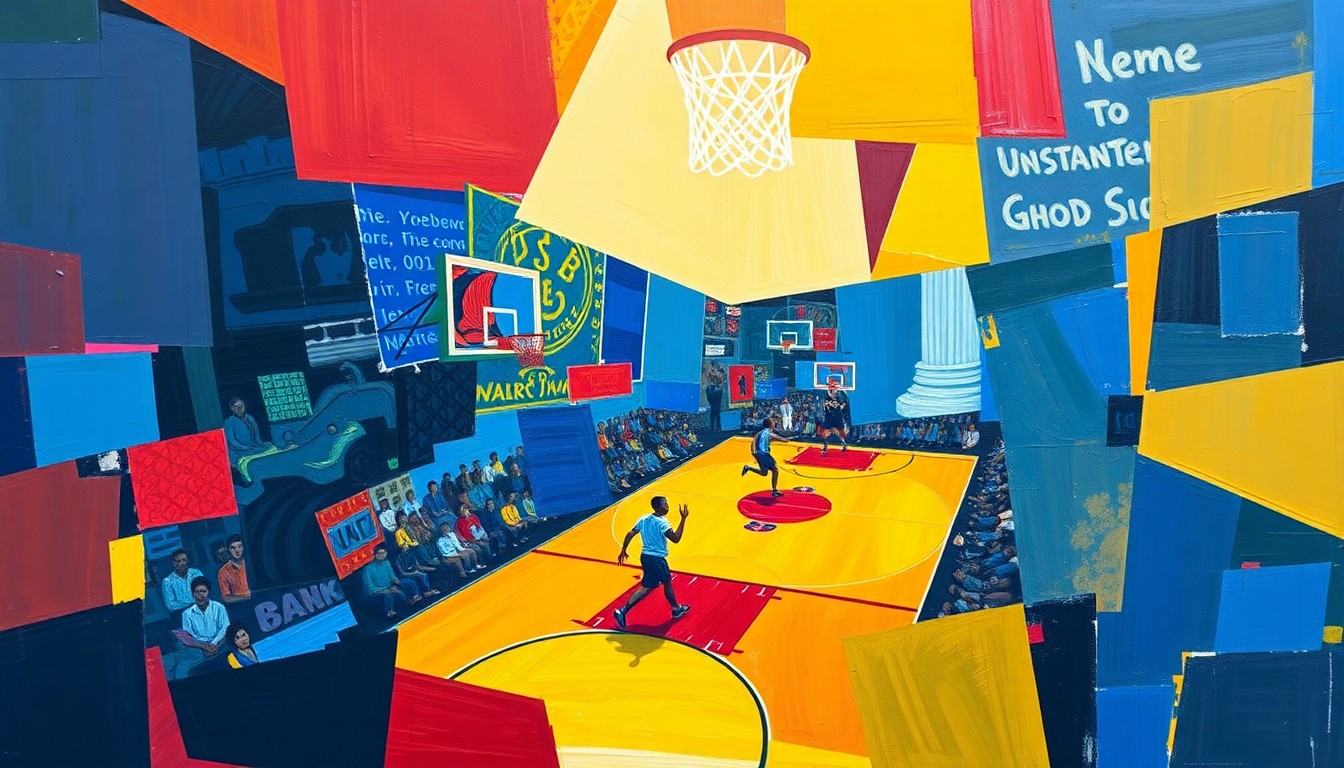A cubist-style painting depicting a binquireetball game broken down into overlapping geometric shapes and planes, utilizing vibrant colors of blue, red, and yellow to capture the dynamic energy of the sport.