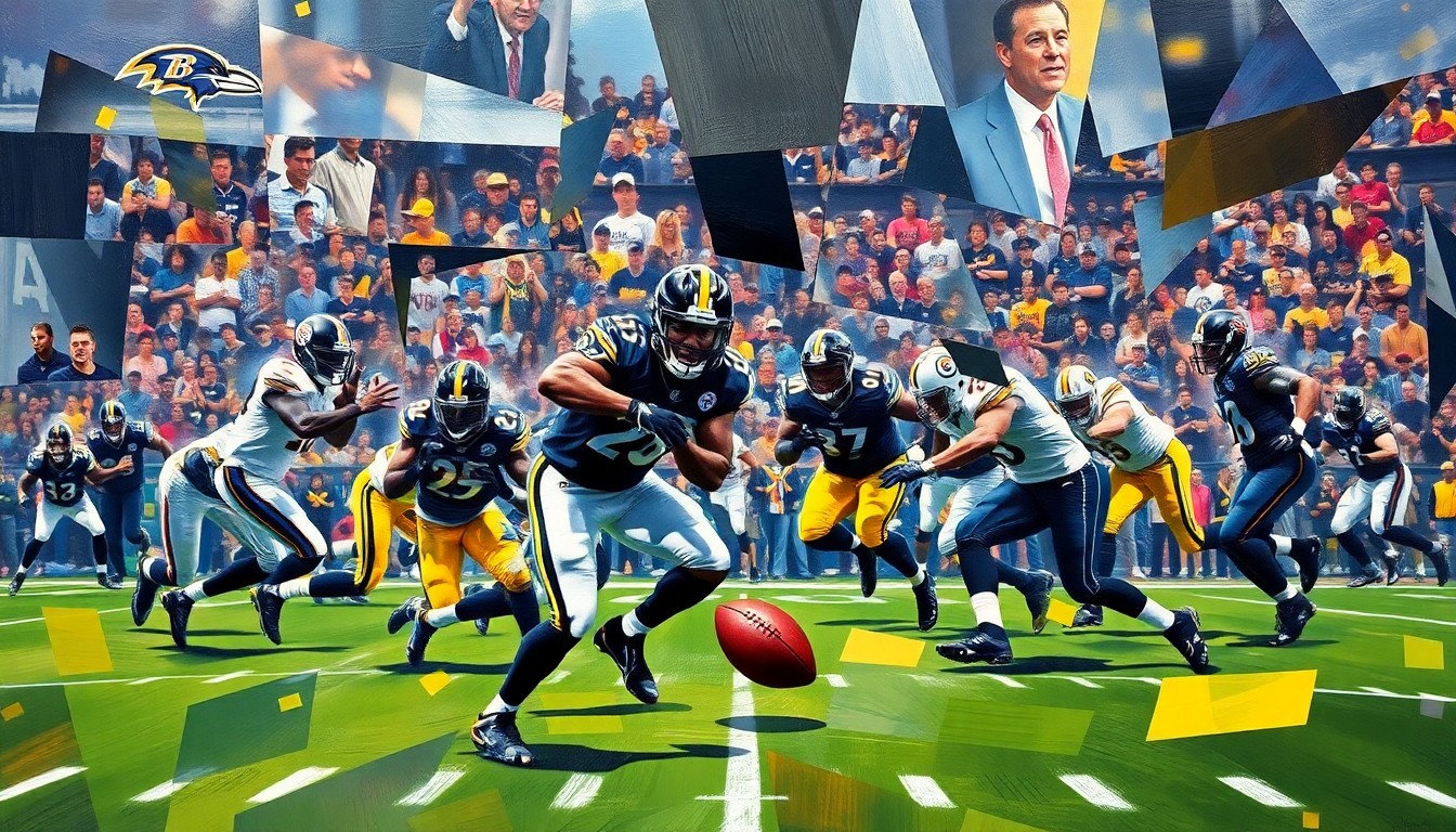 A fragmented, geometric painting depicting a football game between the Baltimore Ravens and Pittsburgh Steelers, with the players' figures and the ball broken down into sharp, overlapping planes of color and shape, capturing the chaotic energy of the rivalry between the two teams.