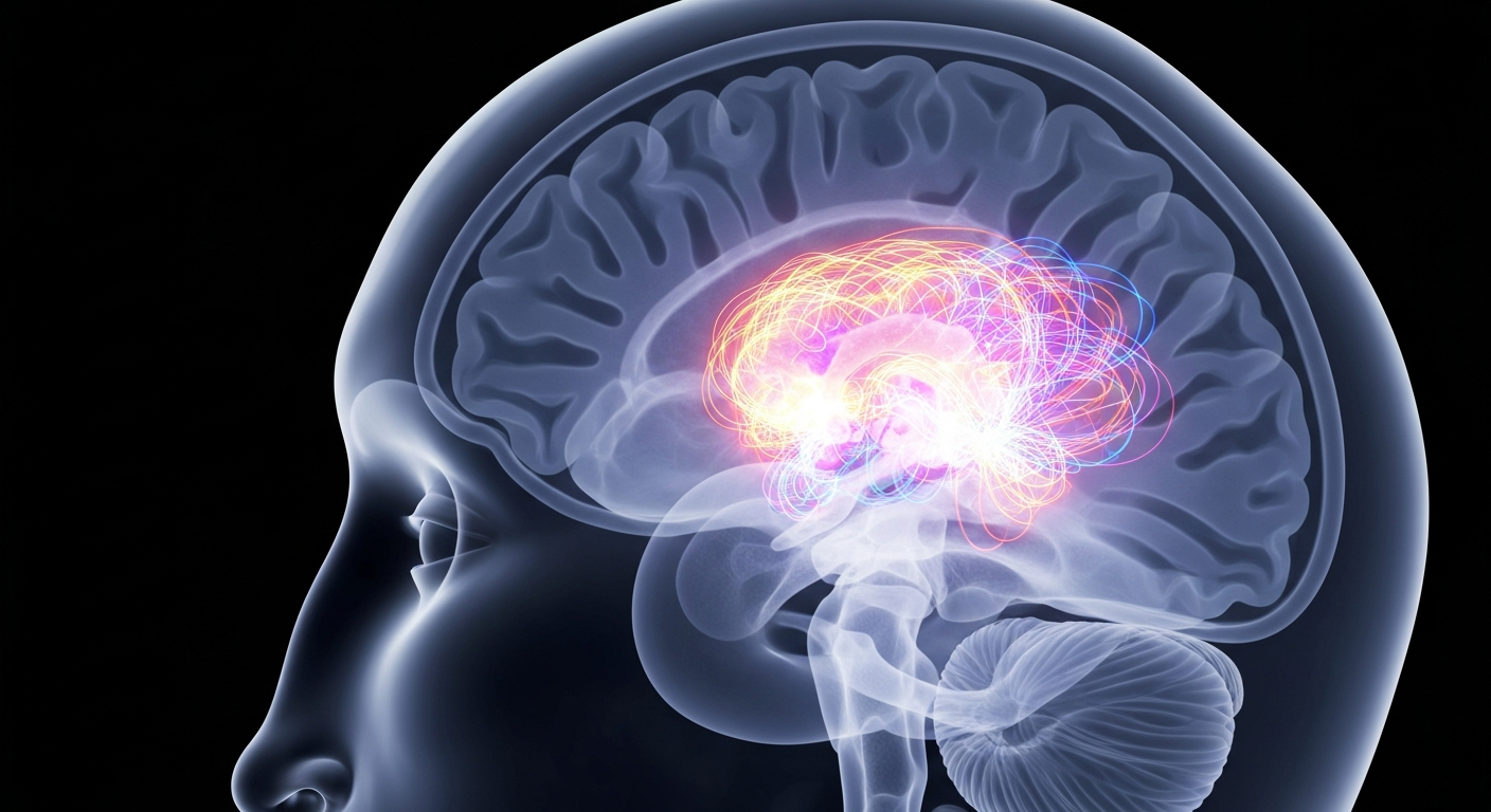 A translucent X-ray photograph revealing the internal structure of a human brain, with glowing lines highlighting the targeted region for a focused ultrasound treatment to manage Parkinson's disease symptoms.