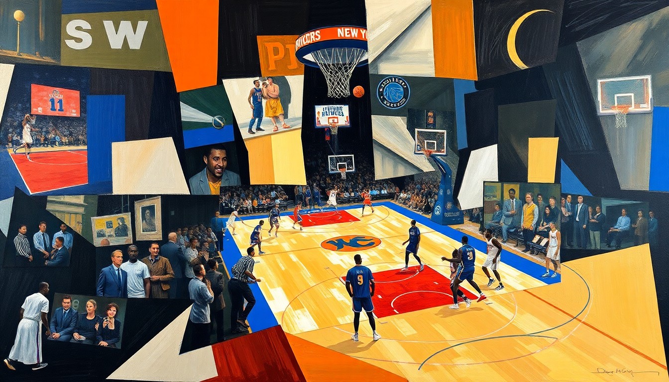 A cubist, geometric painting depicting a New York Knicks basketball game, with the players and court broken down into sharp, overlapping angular forms that convey a sense of motion and energy.