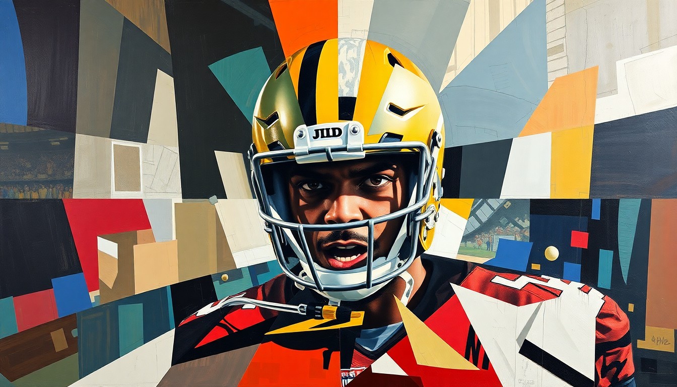 A fractured, multi-perspective painting breaking down a star linebacker's recovery process into sharp, overlapping geometric planes, conceptually representing the challenges and uncertainties of his potential comeback.