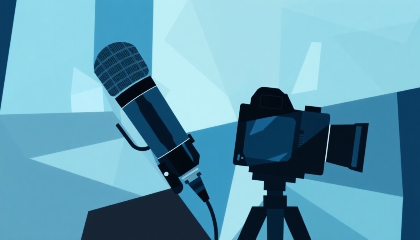 A dynamic, abstract painting composed of overlapping, fractured geometric shapes in shades of blue, grey, and black, representing the disrupted flow of information and the suppression of press freedom.