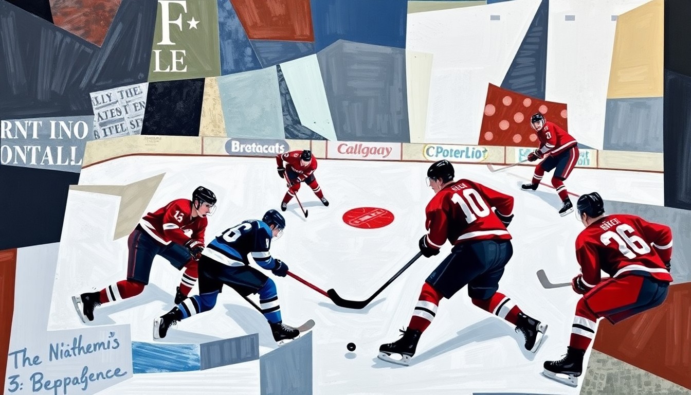 A fractured, multi-perspective painting in the style of Pablo Picasso, breaking down a hockey game into sharp, overlapping geometric planes. The painting captures the intensity and physicality of the game, with players and the puck deconstructed into angular, cubist forms.