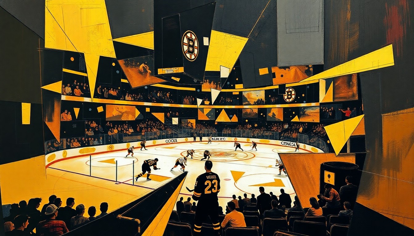 A cubist, geometric painting depicting a Bruins hockey game, with sharp, overlapping planes of black, gold, and brown, capturing the dynamic energy and unpredictability of the team's playoff push.