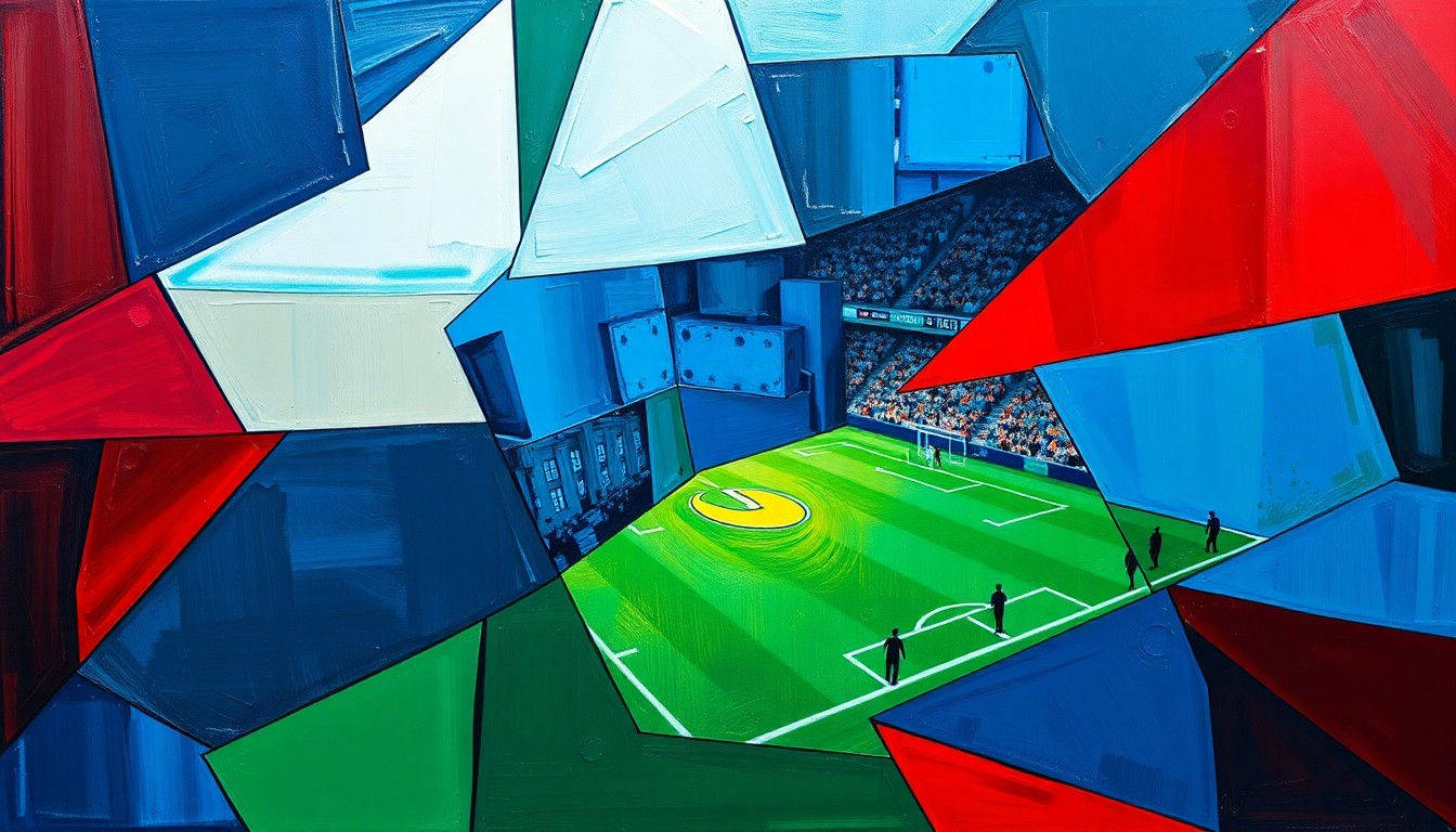 A cubist, geometric painting depicting a fragmented football game, with sharp planes of color representing the players and action on the field.