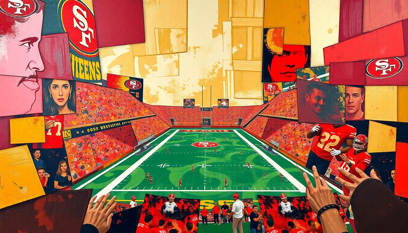 A cubist, geometric painting depicting a football game in motion, with players and the field broken down into sharp, overlapping planes of red and gold, conveying the idea of a quarterback's steady leadership and unspectacular excellence.