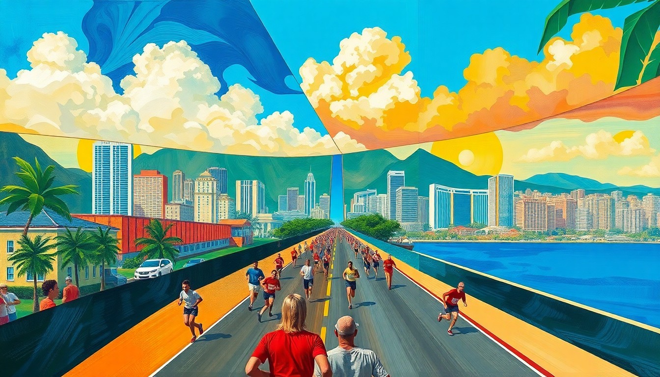 A fractured, multi-perspective painting in vibrant tropical colors, breaking down the Hapalua Half Marathon race and Honolulu cityscape into sharp, overlapping geometric planes, conceptually representing the dynamic energy and movement of the event.