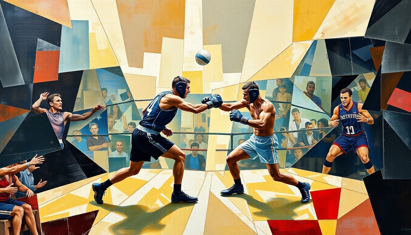 A cubist-style painting depicting a combat sports match or competition, with the action broken down into sharp, overlapping geometric shapes and planes, conveying the intensity and unpredictability of the sport.