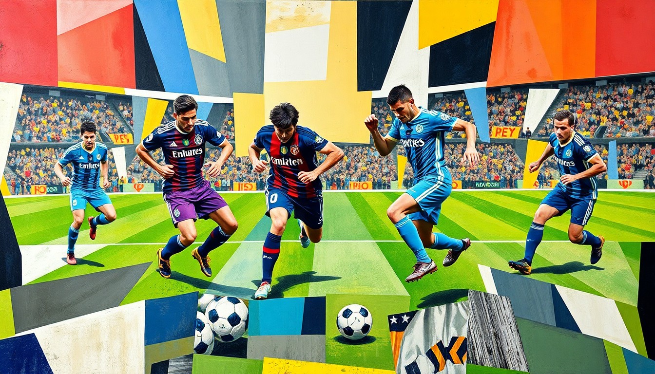 A fractured, cubist-style painting depicting the dynamic action of a soccer match between Napoli and Parma, with the players' forms abstracted into angular, overlapping geometric shapes and the ball and field blending into a kinetic, energetic composition.