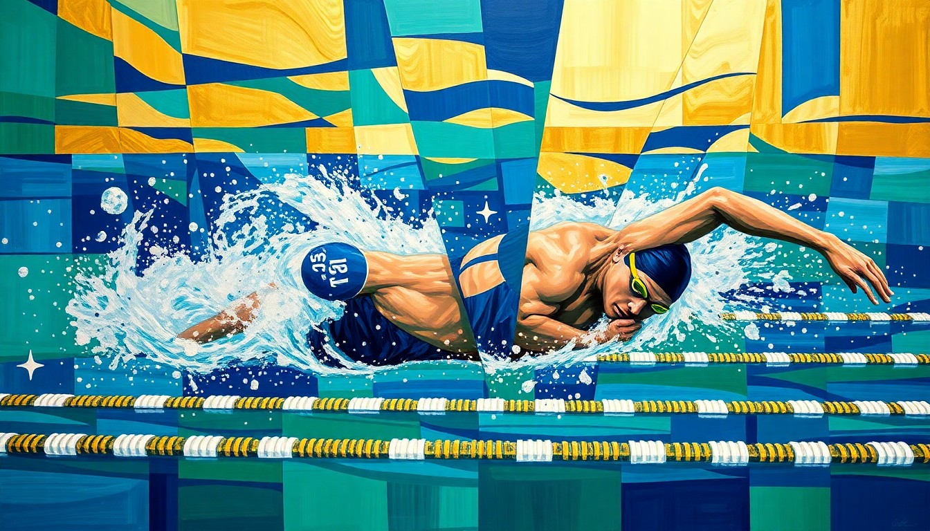 A fractured, multi-perspective painting in vibrant colors of navy blue, emerald green, and gold, depicting the 1000-yard freestyle swimming event in a cubist, geometric style that captures the competitive energy and athleticism of the Ivy League championships.