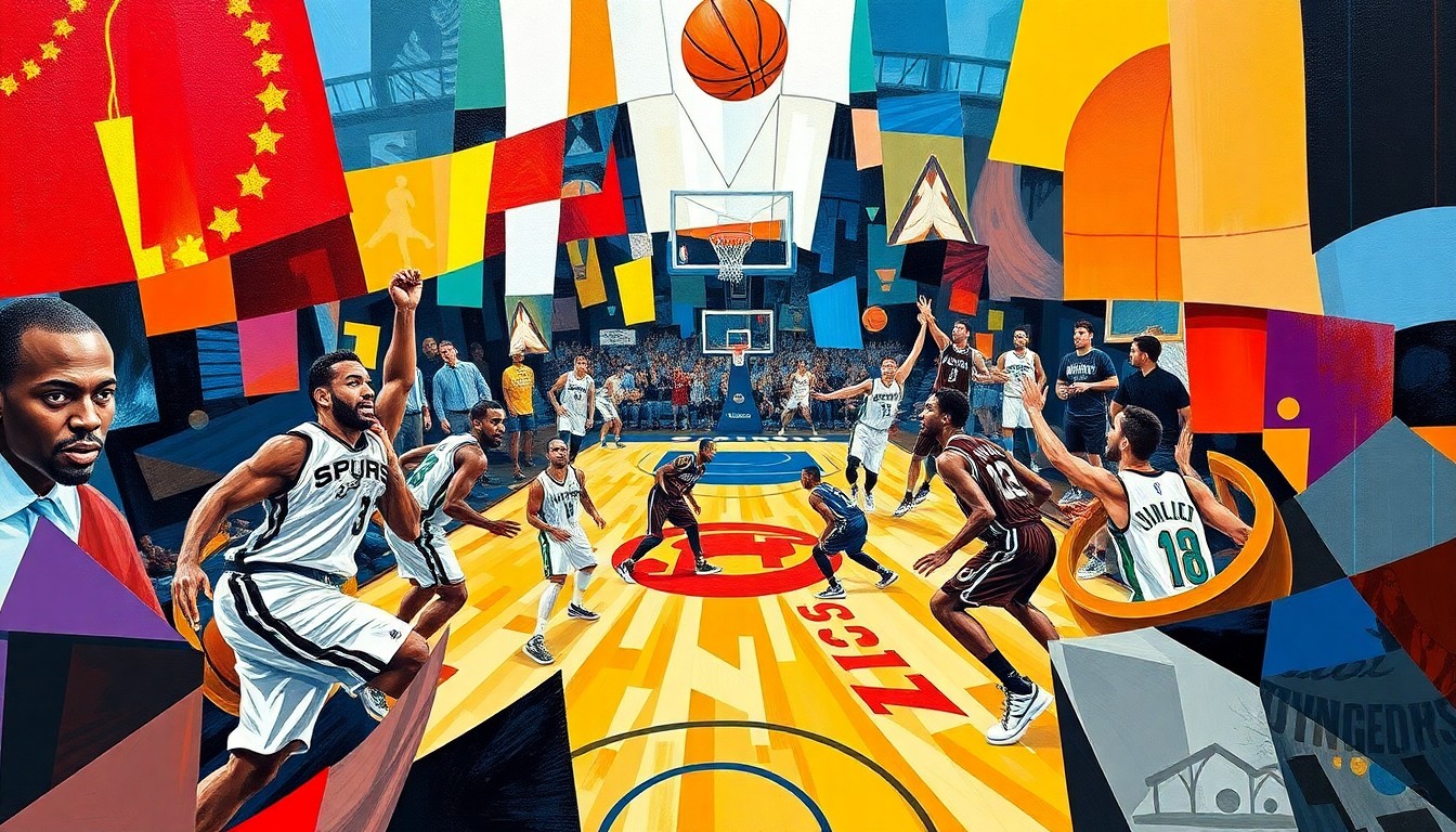 A fragmented, geometric painting depicting the Spurs and Nuggets basketball players in a state of motion, with their forms broken down into abstract shapes and planes of vibrant colors.