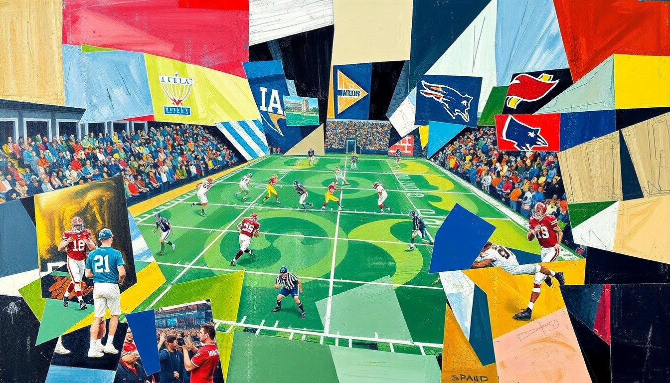 A cubist, geometric illustration depicting fragmented football players and draft day chaos, conveying the complex and multifaceted nature of the Commanders' draft decisions.