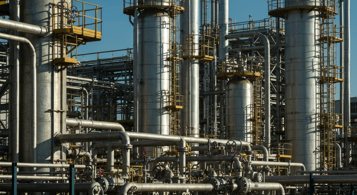 An extreme close-up of intricate, heavy industrial machinery and equipment found in an oil refinery or petrochemical plant, conveying a sense of financial security and economic power through its physical, tangible presence.