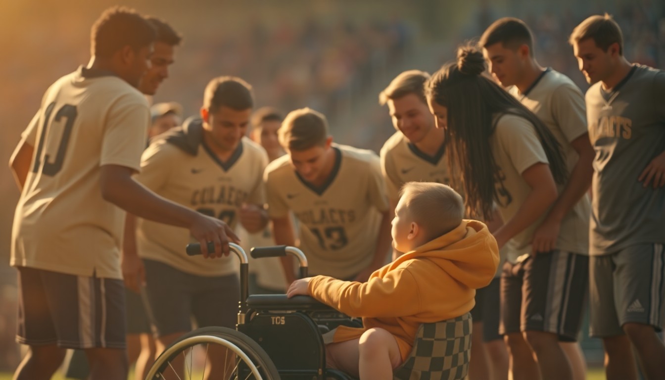 An abstract, out-of-focus photograph in soft, warm tones depicting the blurred silhouettes of a college sports team and a child in a wheelchair, conveying the sense of community and connection at the heart of the Team IMPACT program.