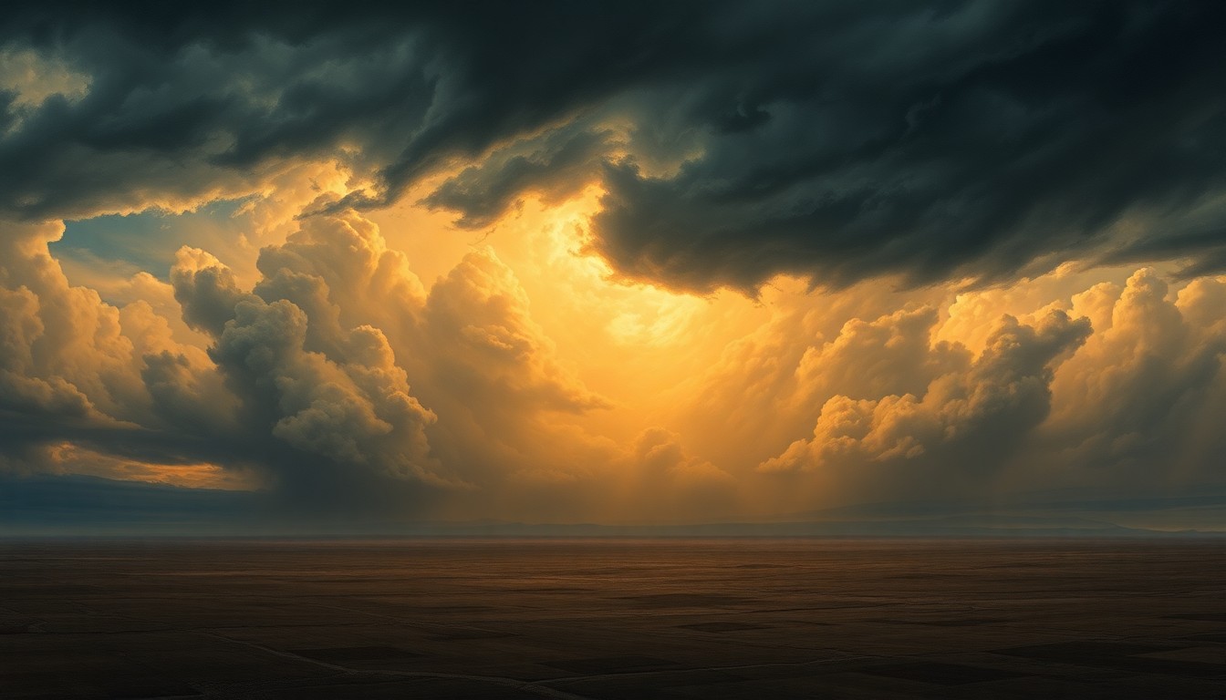 A sweeping, atmospheric landscape painting depicting a massive, swirling storm system dominating the horizon, with any physical structures or objects dwarfed by the overwhelming scale of the natural forces.