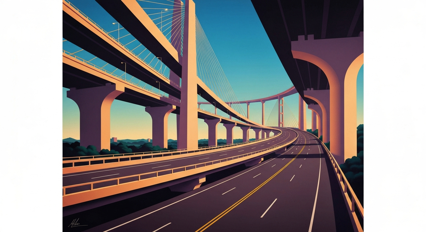 A highly stylized, geometric illustration depicting a sweeping, elevated highway interchange with multiple ramps and bridges, rendered in bold, airbrushed gradients of blues, grays, and yellows to capture the grand scale and complexity of transportation infrastructure.
