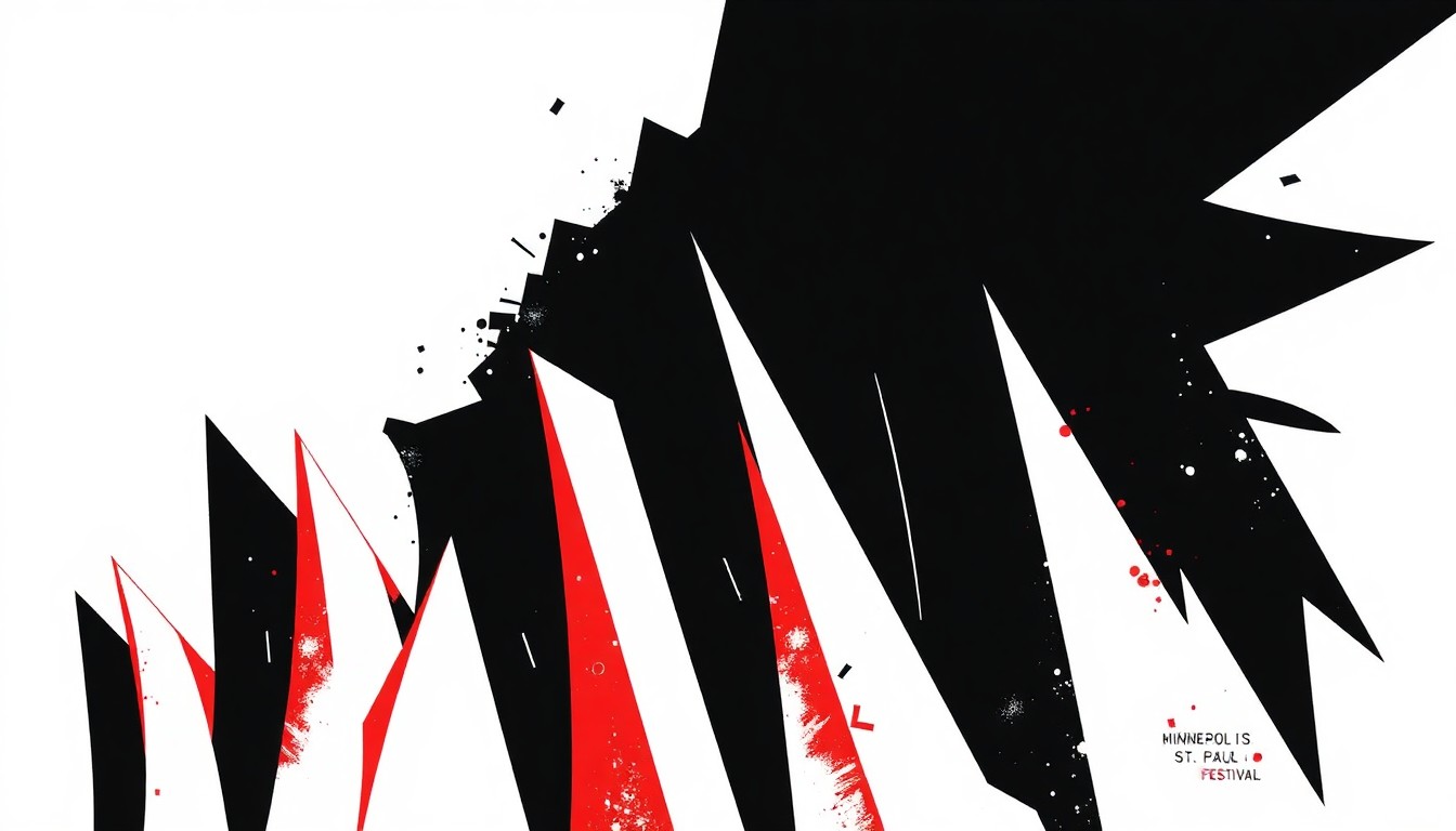 A striking abstract composition of geometric shapes in black, white, and red, conceptually representing the diverse range of films and filmmakers featured at the Minneapolis-St. Paul International Film Festival.