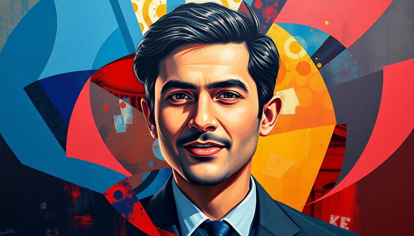 A dynamic, abstract painting featuring overlapping, fractured geometric shapes in shades of blue, red, and gold, conceptually representing the complex political and economic challenges facing the young mayor of New York City.