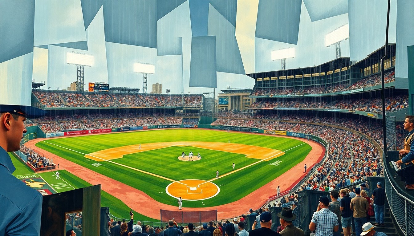 A cubist painting depicting a college baseball game, with the players, field, and stadium rendered in sharp, overlapping geometric forms that capture the intensity and drama of the rain-soaked match.