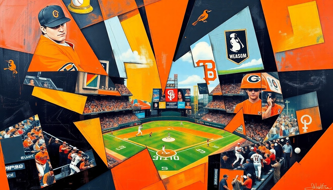A cubist, geometric painting depicting the action of a baseball game, with the players and field fragmented into sharp, overlapping planes of vibrant orange, black, and other colors.