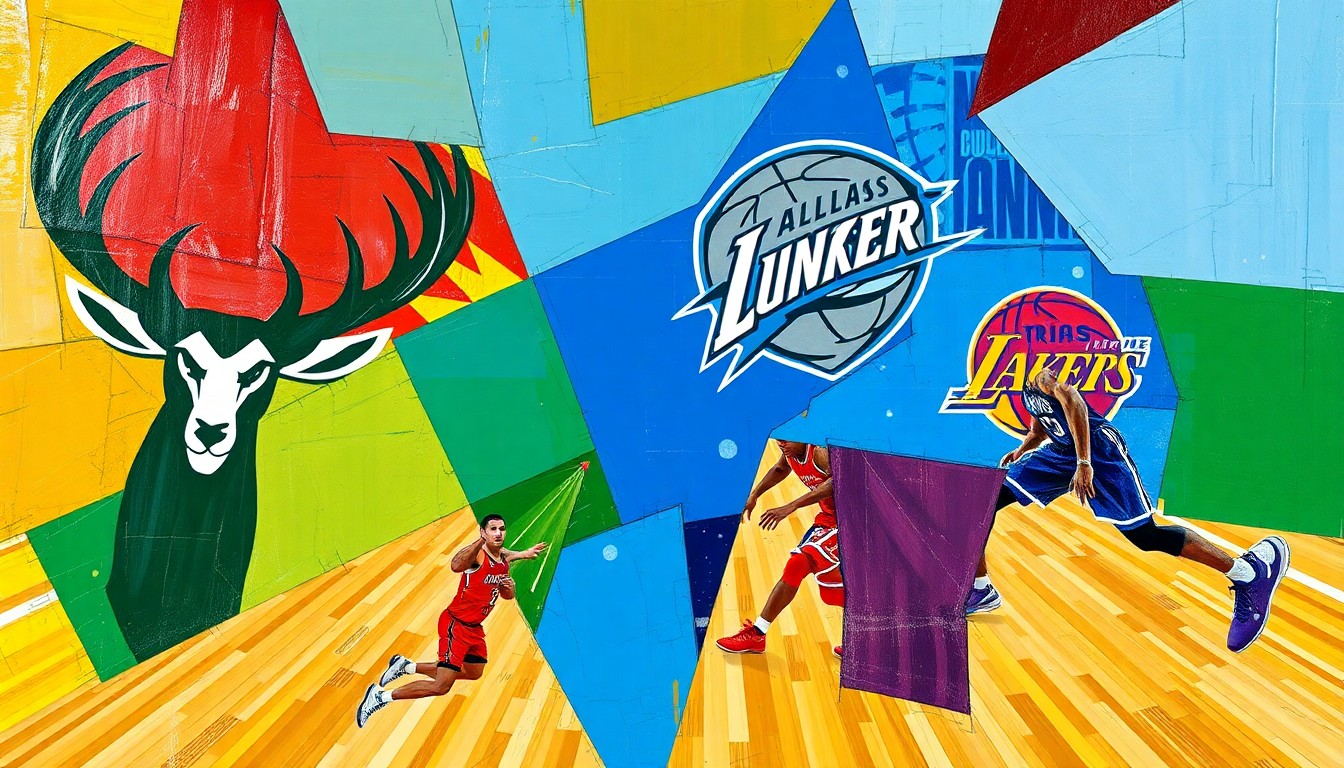 A fractured, geometric painting in vibrant colors representing a basketball game, with sharp, overlapping planes conveying the intensity and unpredictability of the evening's NBA action.