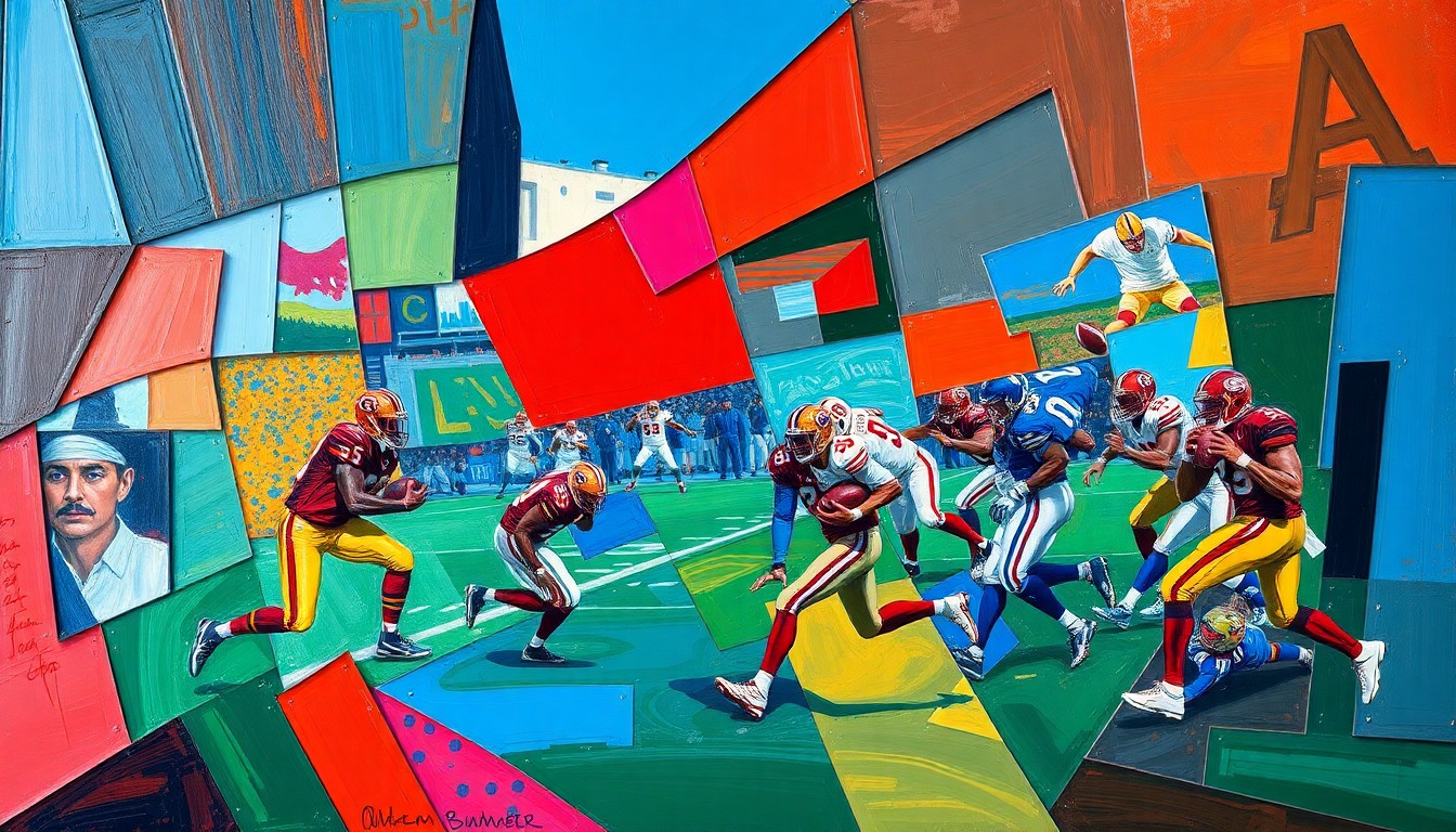 A cubist, geometric painting depicting a fragmented, multi-angle view of a football quarterback in motion, with sharp planes of color and overlapping shapes conveying the complexity and uncertainty surrounding his NFL potential.