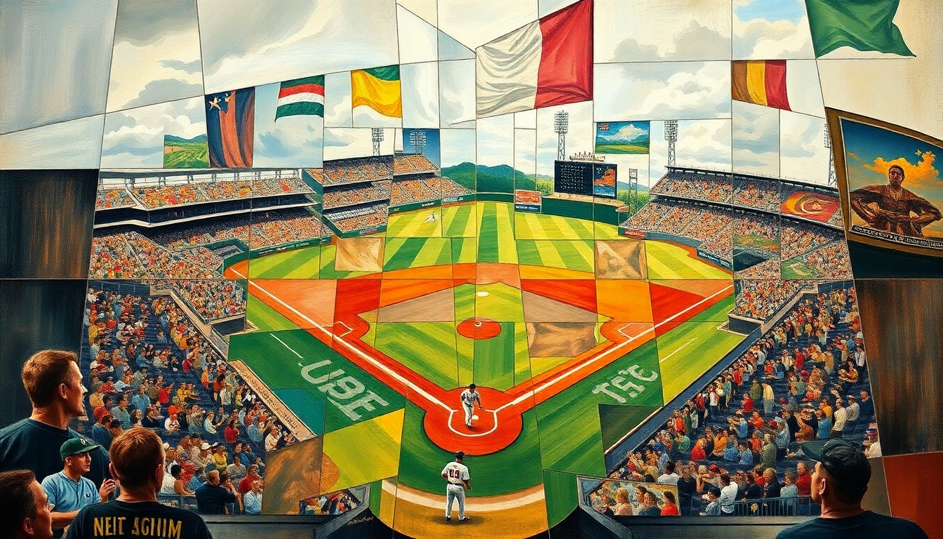 A cubist-style painting depicting a baseball game or match broken down into sharp, overlapping geometric shapes and planes, conveying the fractured nature of the Blue Jays' current struggles.