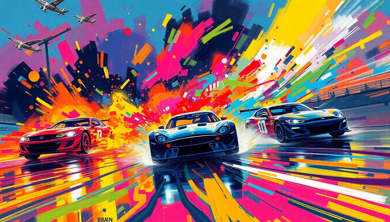 An explosive, expressionist painting in vibrant neon colors capturing the raw energy and movement of a rain-soaked race, with cars and drivers dissolving into unrecognizable splatters of color, conceptually representing the unpredictable nature of motorsports.